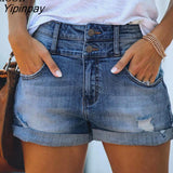 Yipinpay Button Up Cuffed Stretch Sexy Hole Jean Shorts High Waist Skinny Streetwear 2023 Summer Woman Trendy Ripped Denim Shorts