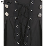 Yipinpay Black Casual Skirt Gothic Streetwear Women Lace Up Button A Line Skirt Double Breasted Mini Solid Skirts