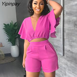 Yipinpay Lotus Leaf Sleeves Shirt Pants Suit Female V Neck Cropped Tops Short Pants 2 Piece Set Summer Girl Casual Club Outfits