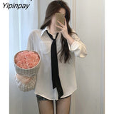 Yipinpay 2023 Summer Minimalist Style Long Sleeve White Shirt Women Sexy Oversize Tie Ladies Blouse Casual Female Clothing Tops