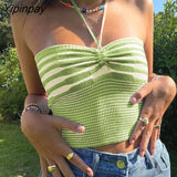 Yipinpay Women Knitted Striped Halter Camis Sexy Bodycon Short Tank Summer Sleeveless Drawstring Ruched Knit Basic Vest Crop Tops