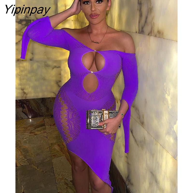 Yipinpay Sexy Solid Off Shoulder Hollow Out Dress Female Perspective Club Tight Hip Wrap Dress Lady Fashion Backless Party Clothes