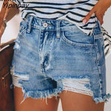 Yipinpay Ripped Skinny Jean Shorts With Tassel Women Mid Waist Summer Streetwear Pockets Distressed Washed Blue Hole Denim Shorts
