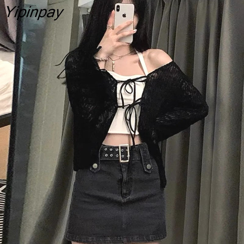 Yipinpay 2023 Summer Blouses Women Solid Shirt Sun-proof Daily Sweet Mesh Open Stitch Crop Tops Casual Soft Lace Design Clothing