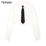 Yipinpay Spring Streetwear Long Sleeve Button Tie White Shirt Women Korea Style Chic Ladies Crop Tops Blouse 2023 New In Clothing
