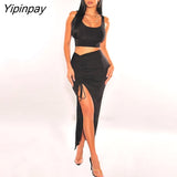 Yipinpay Black Brown Two Piece Bodycon Set Sexy Short Corset Tank Tops Ruched Slit Long Skirts Women High Waist 2pcs Outfits Sets