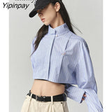 Yipinpay 2023 Spring Streetwear Long Sleeve Cotton Striped Shirt Women Button Stand Neck Ladies Crop Tops Female Clothing Blouse