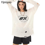 Yipinpay 2023 Winter Streetwear Long Sleeve Frayed Women White Sweater Loose O Neck Print Ladies Pullovers Female Clothing Tops
