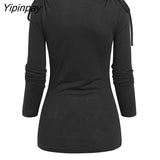 Yipinpay Neck Cinched O Ring Tee Long Sleeve Loose Tops Women's Spring Autumn Style Blouses Shirt