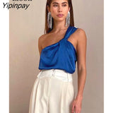 Yipinpay Asymmetric One Shoulder Satin Tank Women Top Summer Streetwear Sleeveless Backless Black Blue Basic Vest Sexy Camis Tops