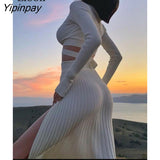 Yipinpay Knit Two Piece Bandage Skirt Set Women Sweater Crop Tops And Slit Pleated Skirts Drawstring Knitted Sweaters Outfits Sets