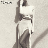 Yipinpay Knit Two Piece Bandage Skirt Set Women Sweater Crop Tops And Slit Pleated Skirts Drawstring Knitted Sweaters Outfits Sets