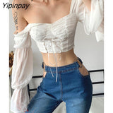 Yipinpay 2023 Summer Sexy Long Lantern Sleeve Women corset Crop tops Blouse Bandage Chiffon White Shirt Female Party Clothing