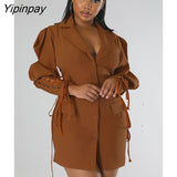 Yipinpay Vintage Lace Up Puff Sleeve Female Mini Dress V Neck Single Breasted Bodycon Dresses Sexy Pockets Sexy Suit Fabric Robe