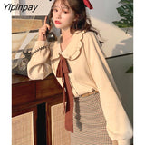 Yipinpay 2023 Spring Blouses Women Elegant Kawaii Bow Peter Pan Collar Leisure New Fashion Korean Style Female Clothes Lovely Tops