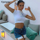 Yipinpay Streetwear Graphic Short Sleeve White T-shirts 2000s Vintage Printing O-neck Baby Tees Cute Summer Crop Top Fashion