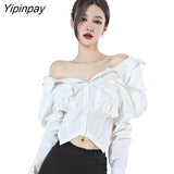 Yipinpay Street Sytle Long Sleeve Off The Shoulder White Shirt Women Slim Y2K Ladies Crop Tops Blouse 2023 Summer Female Clothing