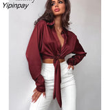 Yipinpay 2023 Spring Vintage Long Sleeve Satin Women Red Shirt Bandage Button Up Woman Crop Tops Knot Blouse Party Female Clothing