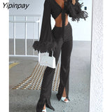 Yipinpay Feather Crop Tops And Split Trousers Two Piece Sets Women Fashion Flare Long Sleeve Tie Up Blouse High Waist Pants Suits