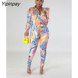 Yipinpay Stripe Printing Women's Sets Lady Long Sleeve Shirt Legging Pencil Pants Set Fashion High Street Two 2 Piece Set Outfits