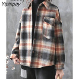 Yipinpay 2023 Winter Korean Style Long Sleeve Plaid Wool Liner Shirt Women Casual Button Up Loose Thick Ladies Tunic Blouse Tops