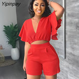 Yipinpay Lotus Leaf Sleeves Shirt Pants Suit Female V Neck Cropped Tops Short Pants 2 Piece Set Summer Girl Casual Club Outfits