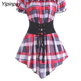 Yipinpay Fashion Croset Style Off The Shoulder Corset Waist Plaid Women Top Fashion Hide Tummy Short Sleeve Tee For Summer