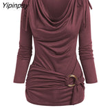 Yipinpay Neck Cinched O Ring Tee Long Sleeve Loose Tops Women's Spring Autumn Style Blouses Shirt