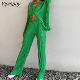 Yipinpay Shirt Suits Pleated Notched Single-Breasted Female Cardigan Two-Piece Loose Shirts and High-Waist Wide-Leg Pants Sets