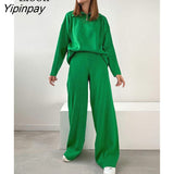 Yipinpay Knitted Two Piece Set Loose Sweater Tops And Pants Straight Leg Long Sleeve Zip Up Autumn Winter High Waist Sweaters Sets