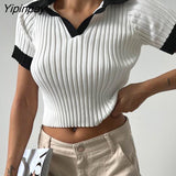 Yipinpay Block Knit Ribbed Crop Top Sexy Short T Shirt Women Pullovers New 2023 Summer Basic Tees Streetwear Patchwork Bodycon Tops