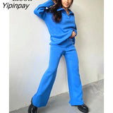 Yipinpay Knitted Two Piece Set Loose Sweater Tops And Pants Straight Leg Long Sleeve Zip Up Autumn Winter High Waist Sweaters Sets