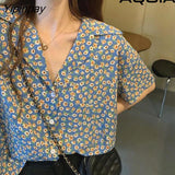 Yipinpay Vintage Floral Printing Button Up Women Shirt Notched Neck Short Sleeve Womens Blouse 2023 Summer Loose Tunic Female Shirts