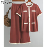 Yipinpay Color Block Knit Two Piece Set Women Button Tops And Wide Leg Pants High Waist Patchwork Knitwear Outfits Summer Sets