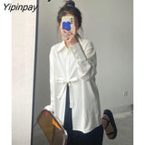 Yipinpay 2023 Summer Streetwear Long Sleeve Bandage White Shirt Women Korean style Button Up Casual Blouse Office Lady Female Tops