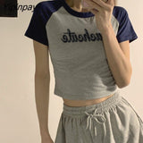 Yipinpay Women's T-Shirt Crop Top Harajuku Print Summer Korean Fashion Short Sleeve Sexy Vintage Streetwear Aesthetic Tees Y2k Clothes