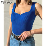 Yipinpay Knitted Ribbed Camis Women Corset Top Streetwear Sleeveless Spaghetti Strap Summer Sexy Short Vest Black White Crop Tops