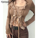 Yipinpay 2023 Summer Y2K Long Sleeve Ruffles Women Shirt Button Up Patchwork Slim Ladies Crop Tops Blouse Party Female Clothing
