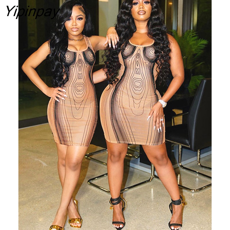 Yipinpay Women Fashion 3D Printing Backless Dress Female Sexy U Neck Sleeveless Pencil Dresses 2023 Elegant Chic Party Club Silm Gown