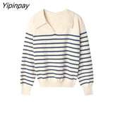 Yipinpay 2023 Winter Vintage New In Long Sleeve Stirped Sweaters Women Korea Style Turn Down Collar Knit Pullovers Female Tops