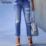 Yipinpay Sexy Stretch Tassel Ripped Jeans Women High Waist Black Blue Trouser Streetwear Distressed Skinny Hole Denim Pencil Pants
