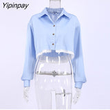 Yipinpay Spring Casual Patchwork Long Sleeve Solid Women Shirt Sexy Button Up Fake two pieces Woman Crop Tops 2023 New In Blouse