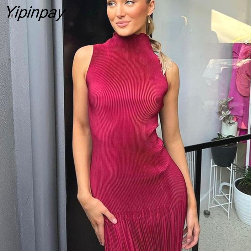 Yipinpay Sexy Knitted Ribbed Bodycon Pleated Dress Women Robes Autumn Winter Streetwear Sleeveless O Neck Party Long Maxi Dresses