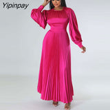 Yipinpay Satin Pleated Maxi Dress For Women Fashion O-neck Lantern Long Sleeve High Waist Lady Dress 2023 Summer Female Streetwear