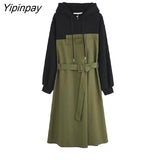Yipinpay Patchwork Women Fake two pieces Long Dress 2023 Spring Fashion Loose Hoode Long Sleeve Plus Size Y2K Ladies Dresses