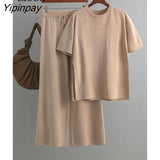 Yipinpay Piece Loose Knit Set Women Baggy Slit Tops And Wide Leg Pants High Waist Streetwear Summer 2023 Knitwear Outfits Black Sets