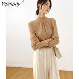 Yipinpay 2023 Winter Korean Style Long Sleeve Slim Sweater Women Office Lady Half High Collar Ruched Pullover Work Female Tops