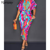 Yipinpay Women's Satin Printed Slim Maxi Dress Summer Casual Button Lace Up Short Sleeve Dress Elegant Fashion Office Lady Dresses