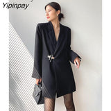 Yipinpay 2023 Autum Oversize Full Sleeve Long Blazer Women Minimalist Style Solid Sequined Suit Blazers Winter Female Clothing