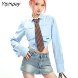Yipinpay 2023 Autumn Y2K Long Sleeve Shirt Women Street Style Fake Two Pieces Button Ladies Crop Tops Blouse Female Clothing Tops